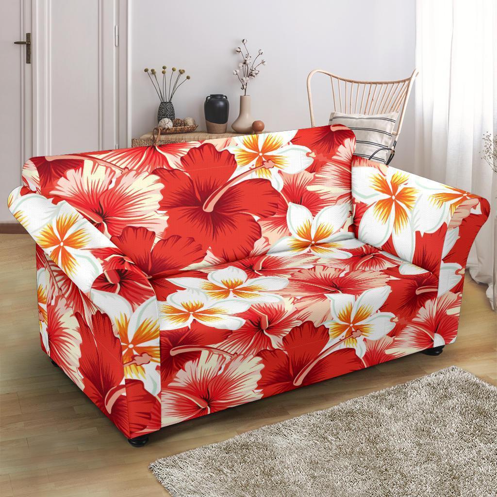 Hawaiian Floral Tropical Flower Red Hibiscus Pattern Print Loveseat Cover-grizzshop