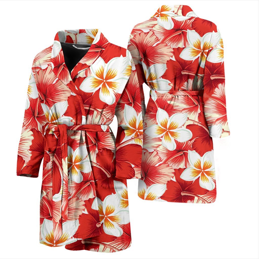 Hawaiian Floral Tropical Flower Red Hibiscus Pattern Print Men Long Robe-grizzshop