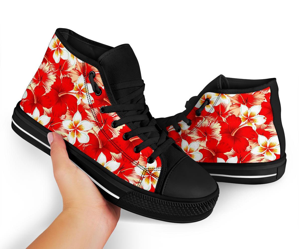 Hawaiian Floral Tropical Flower Red Hibiscus Pattern Print Men Women's High Top Shoes-grizzshop