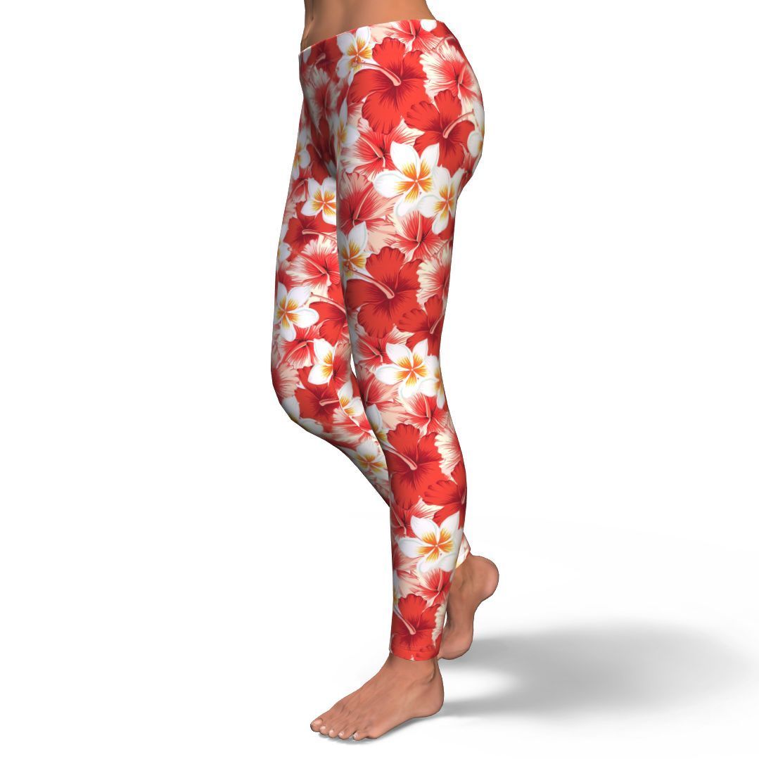 Hawaiian Floral Tropical Flower Red Hibiscus Pattern Print Pattern Women Leggings-grizzshop