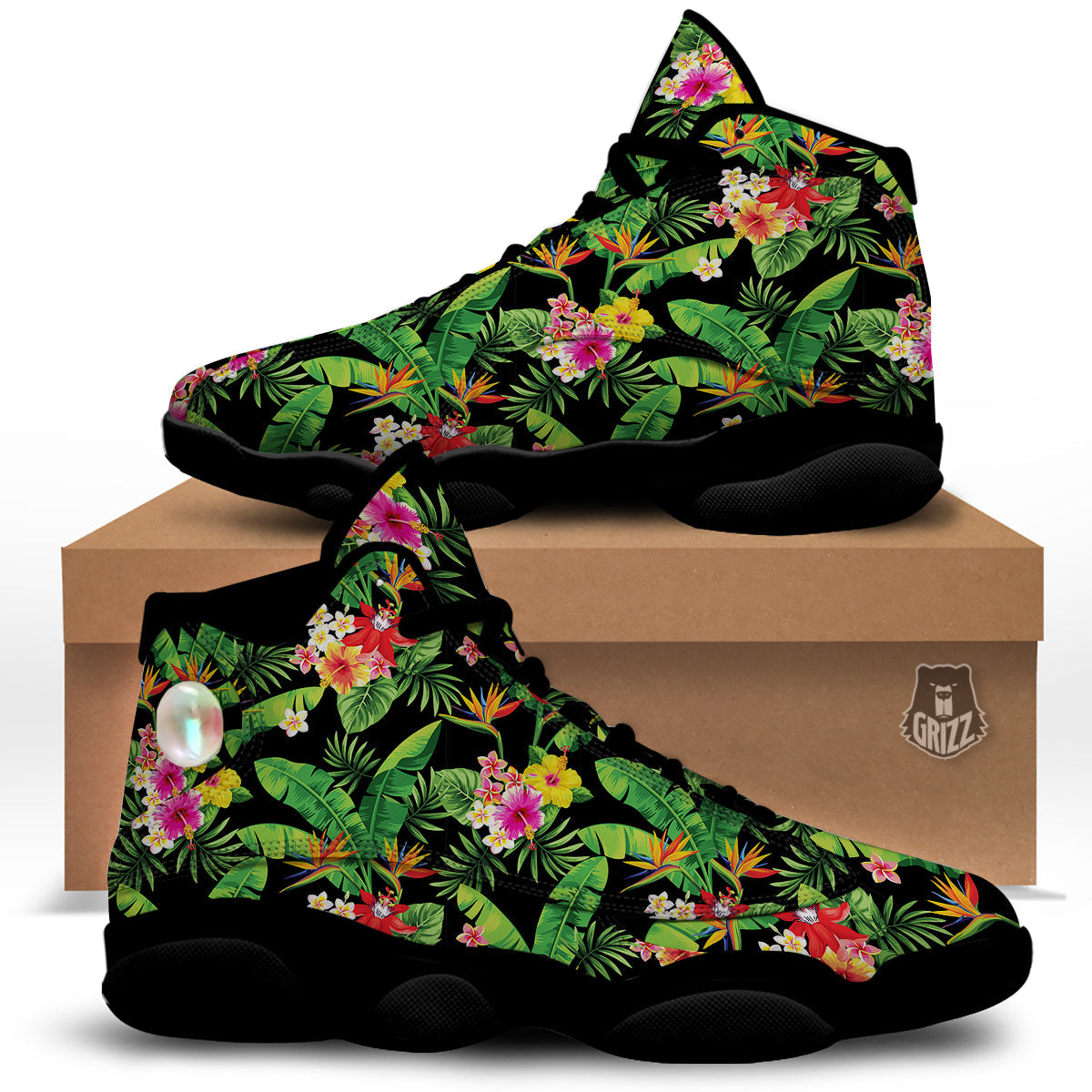 Hawaiian Flower And Tropical Leaf Print Pattern Black Basketball Shoes-grizzshop