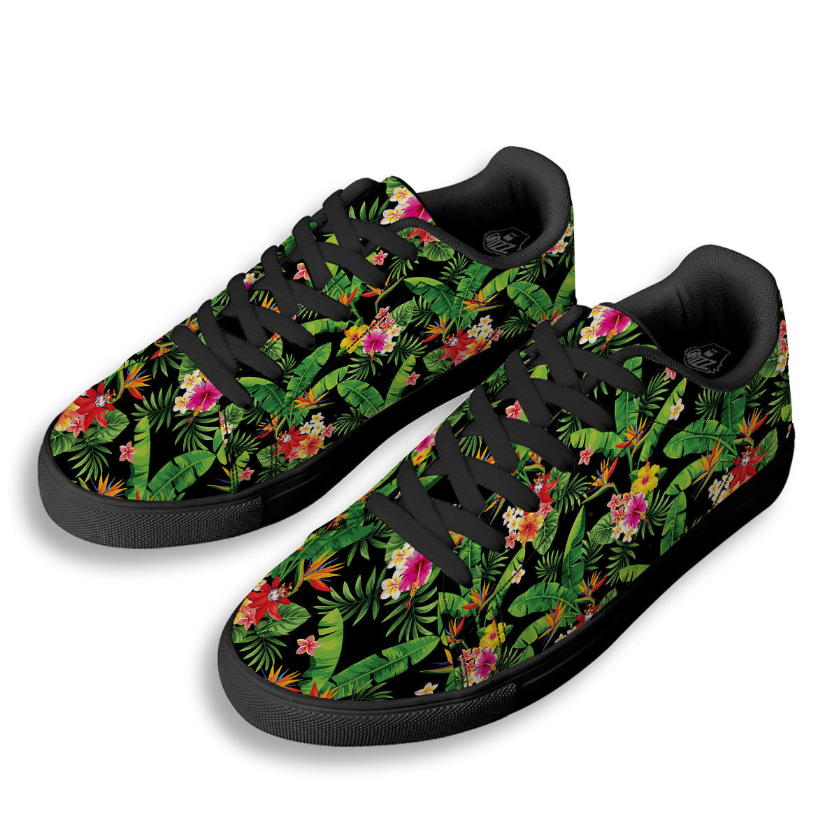 Hawaiian Flower And Tropical Leaf Print Pattern Black Low Top Sneakers-grizzshop