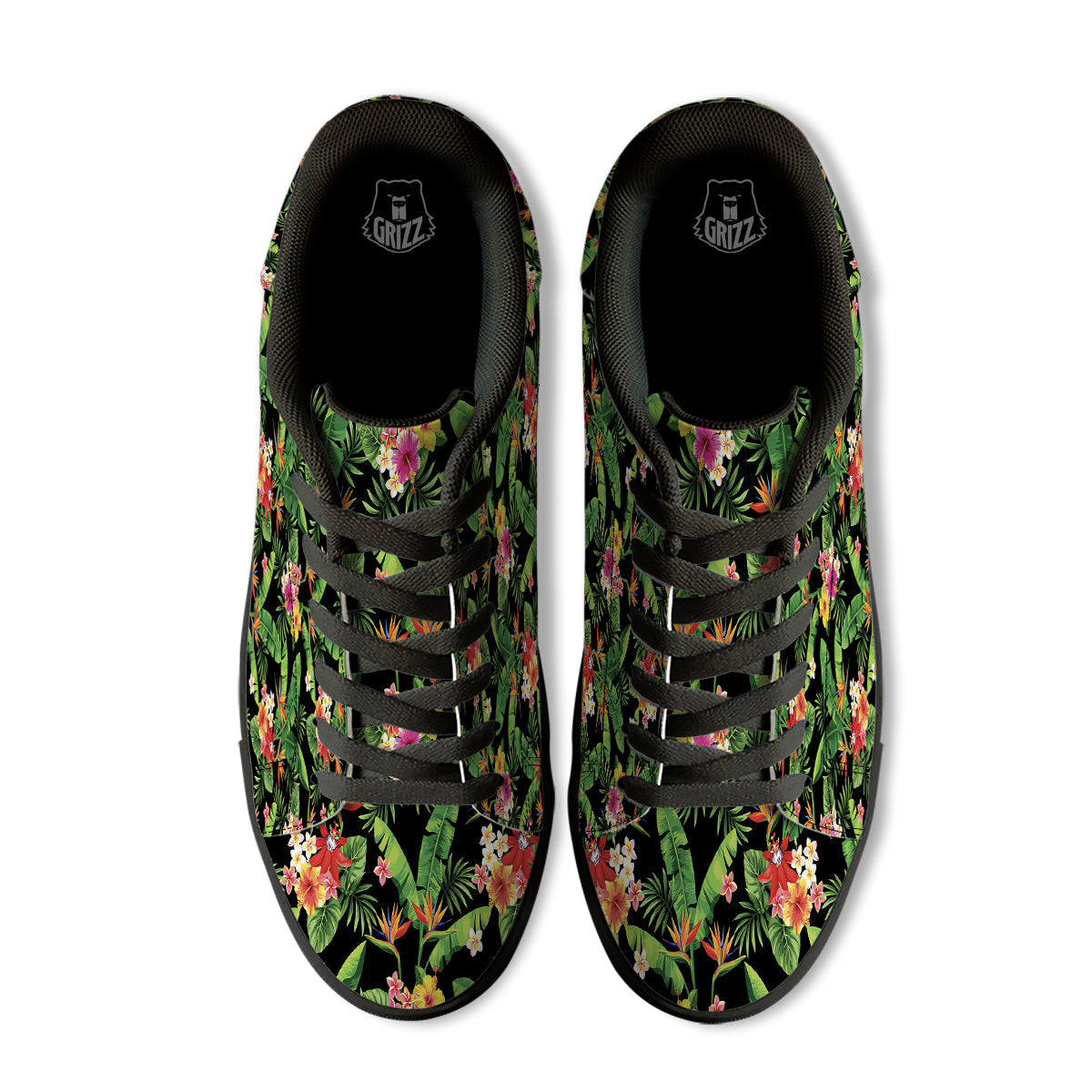Hawaiian Flower And Tropical Leaf Print Pattern Black Low Top Sneakers-grizzshop