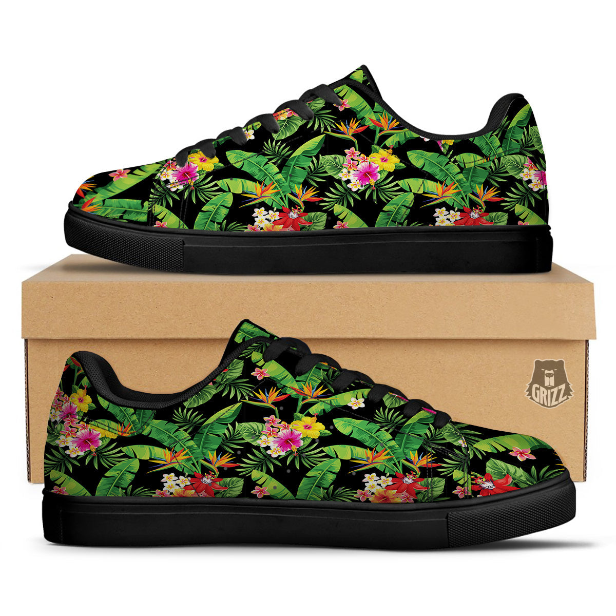 Hawaiian Flower And Tropical Leaf Print Pattern Black Low Top Sneakers-grizzshop