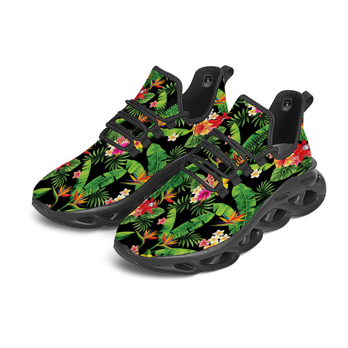 Hawaiian Flower And Tropical Leaf Print Pattern Black Running Shoes-grizzshop