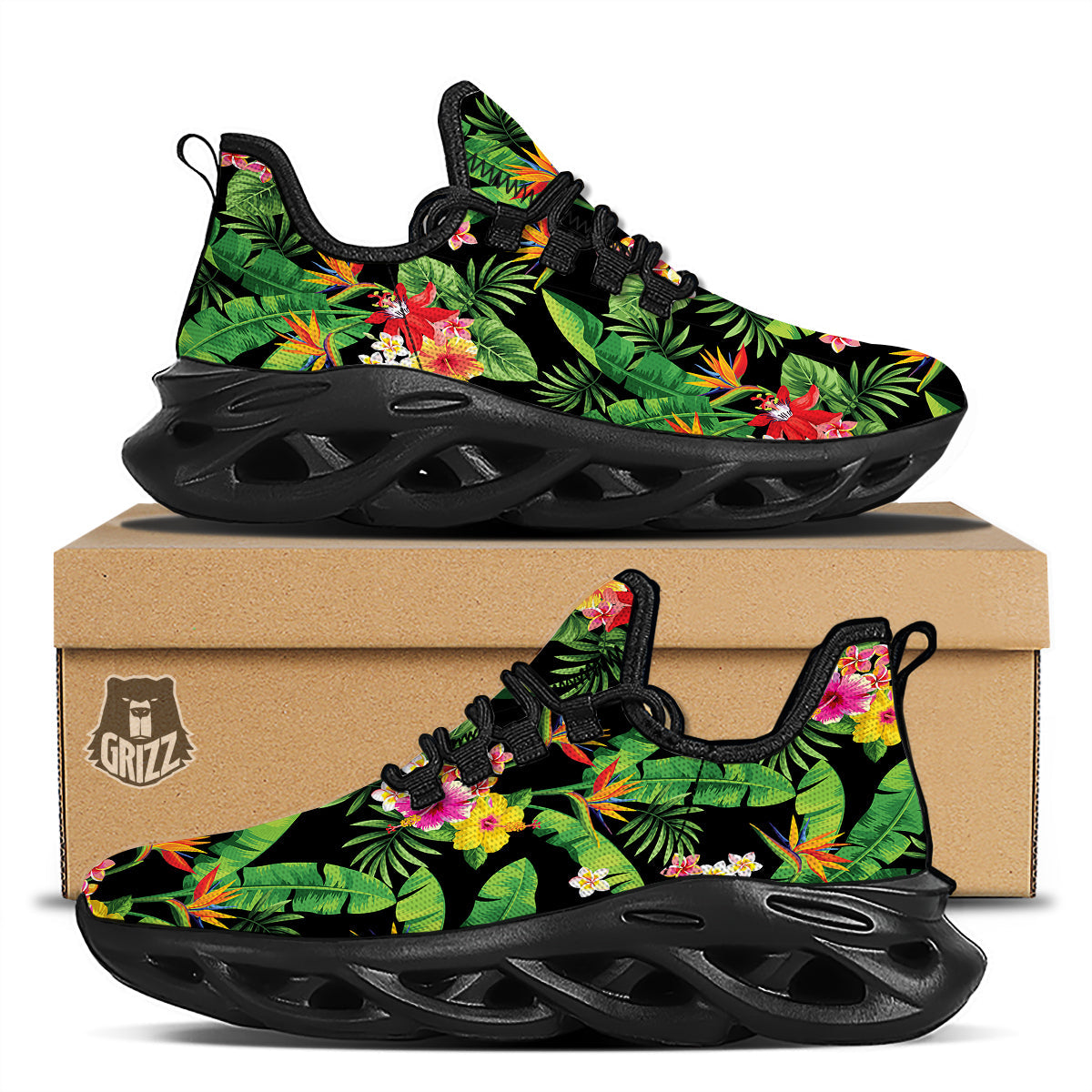 Hawaiian Flower And Tropical Leaf Print Pattern Black Running Shoes-grizzshop
