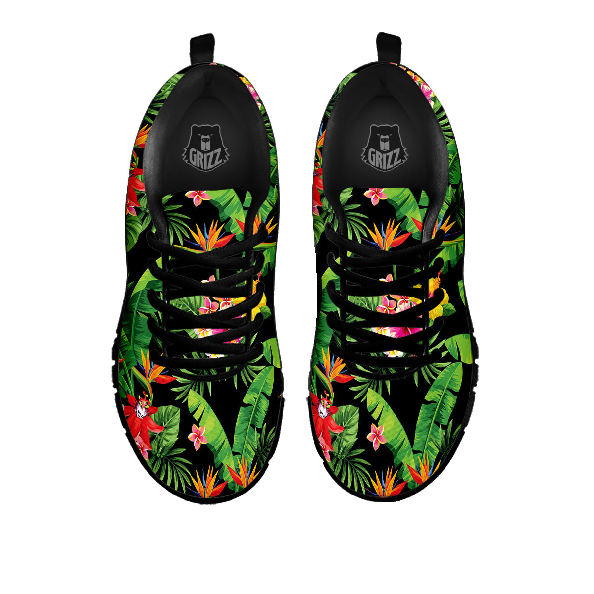 Hawaiian Flower And Tropical Leaf Print Pattern Black Sneaker-grizzshop