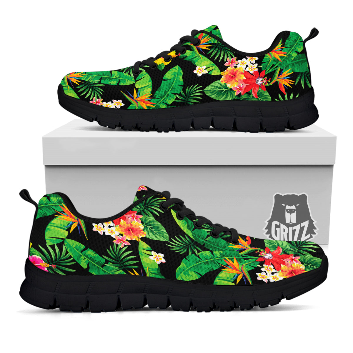 Hawaiian Flower And Tropical Leaf Print Pattern Black Sneaker-grizzshop