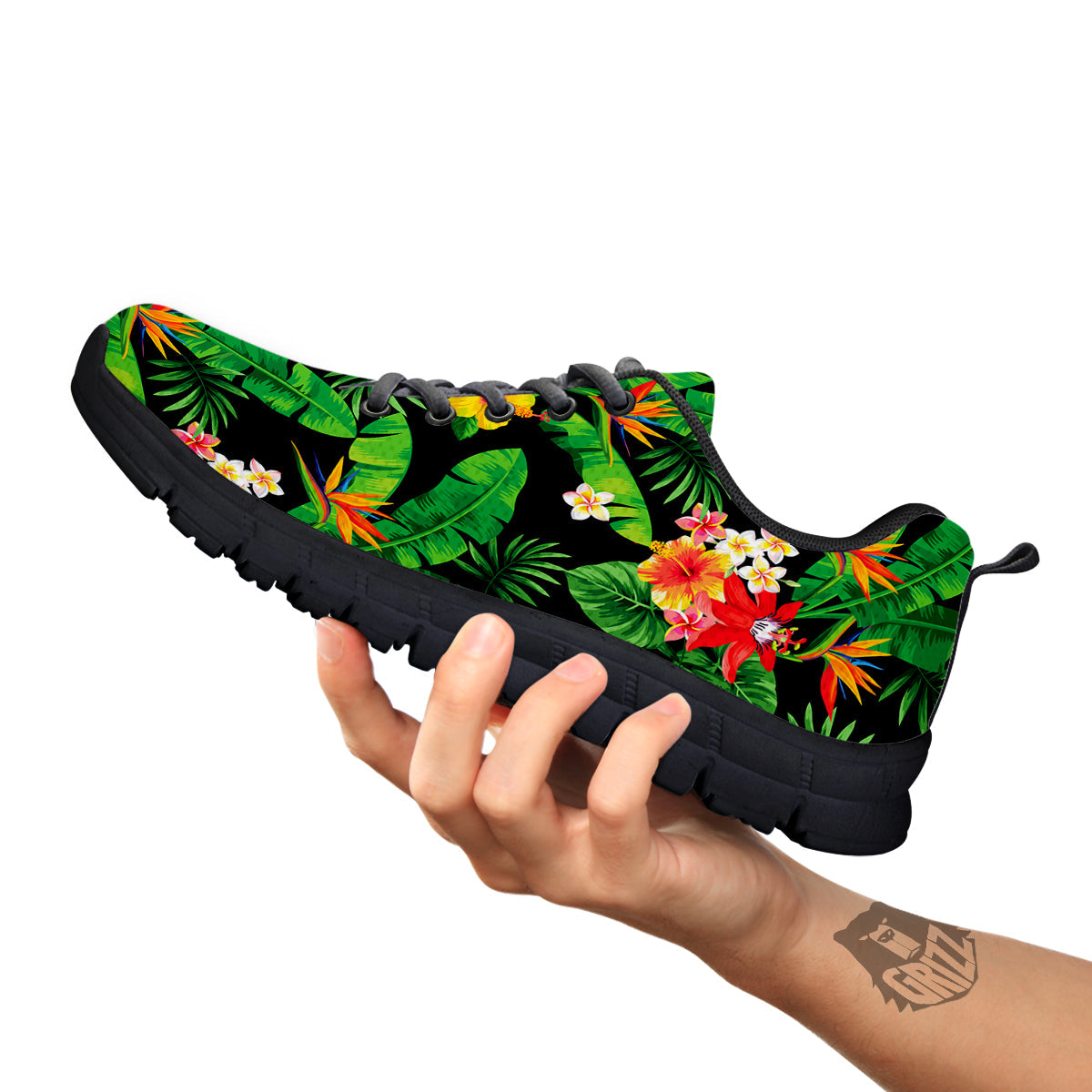 Hawaiian Flower And Tropical Leaf Print Pattern Black Sneaker-grizzshop