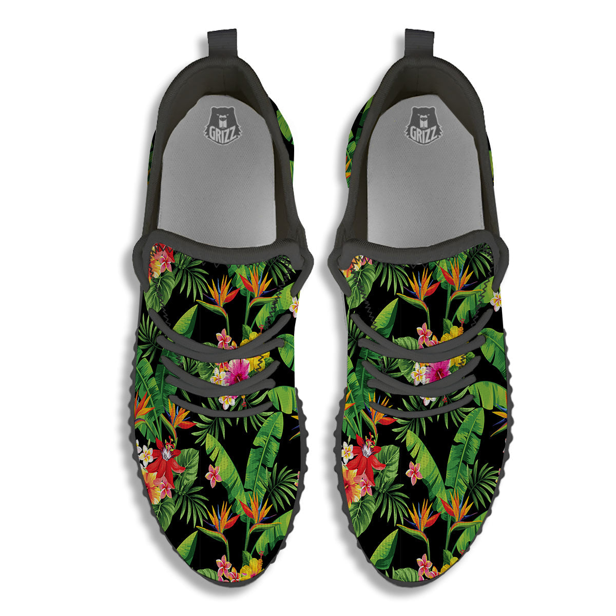 Hawaiian Flower And Tropical Leaf Print Pattern Black Walking Shoes-grizzshop