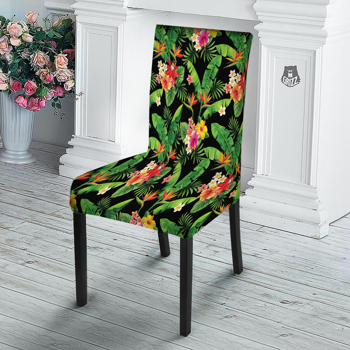 Hawaiian Flower And Tropical Leaf Print Pattern Dining Chair Slipcover-grizzshop