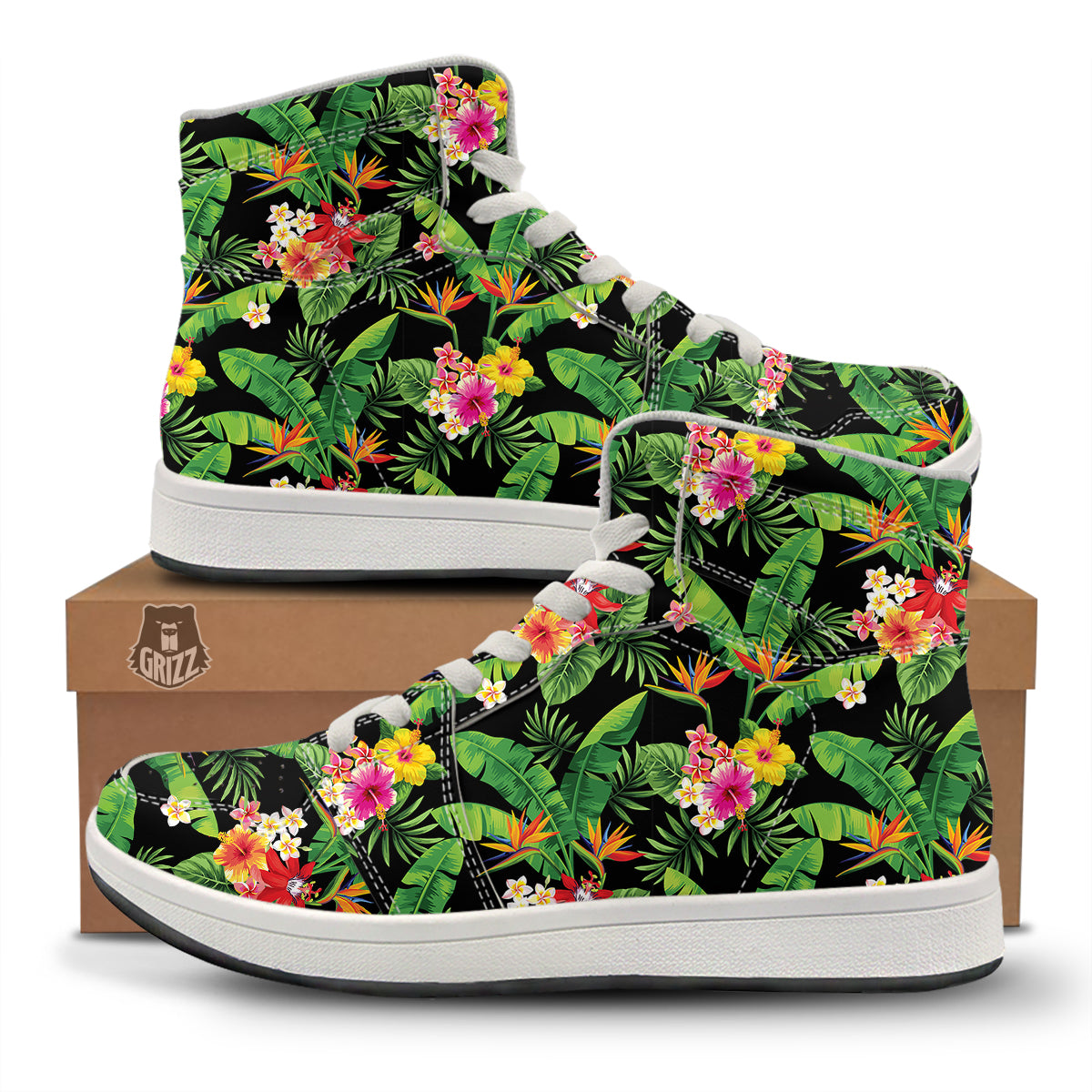 Hawaiian Flower And Tropical Leaf Print Pattern High Top Sneakers-grizzshop