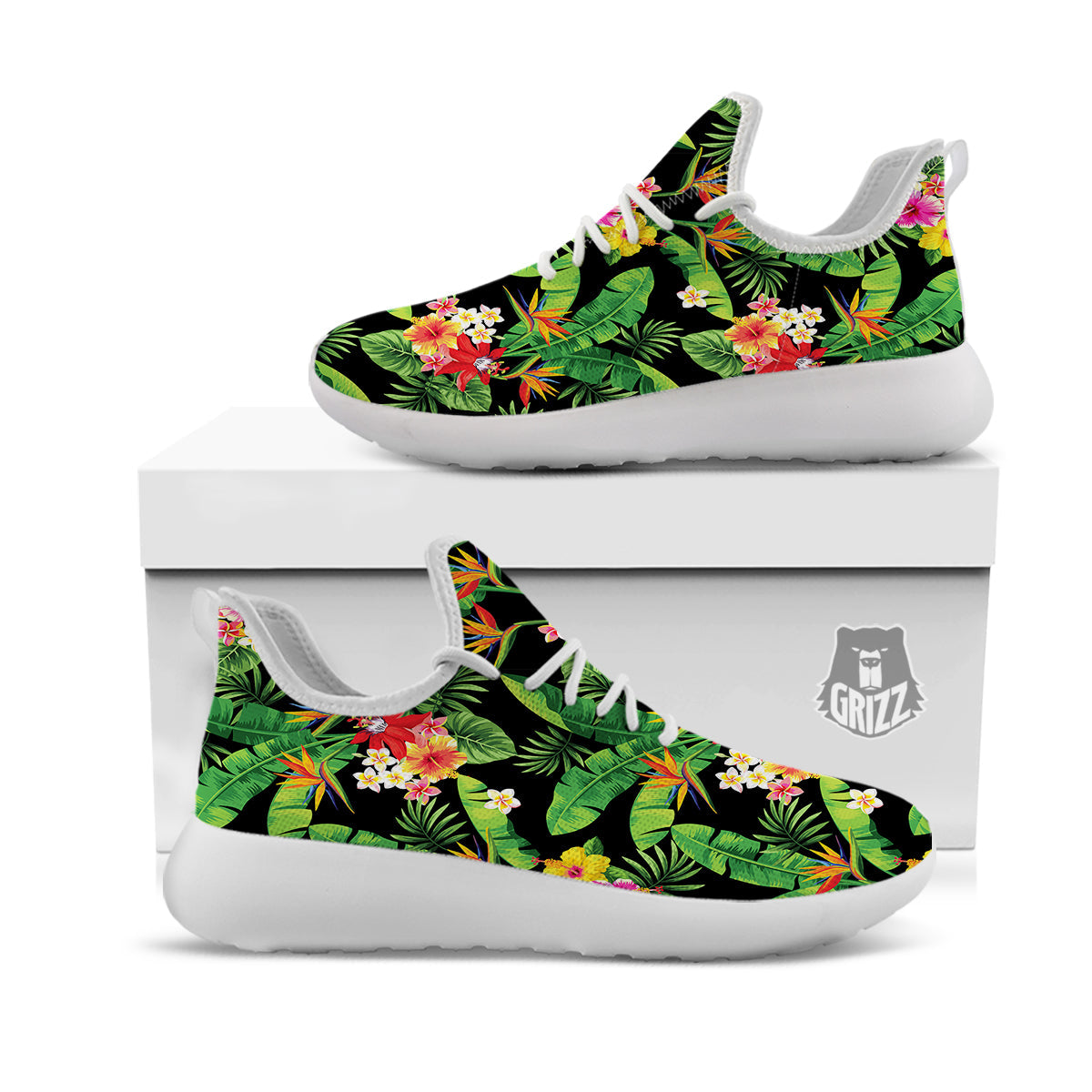 Hawaiian Flower And Tropical Leaf Print Pattern White Athletic Shoes-grizzshop