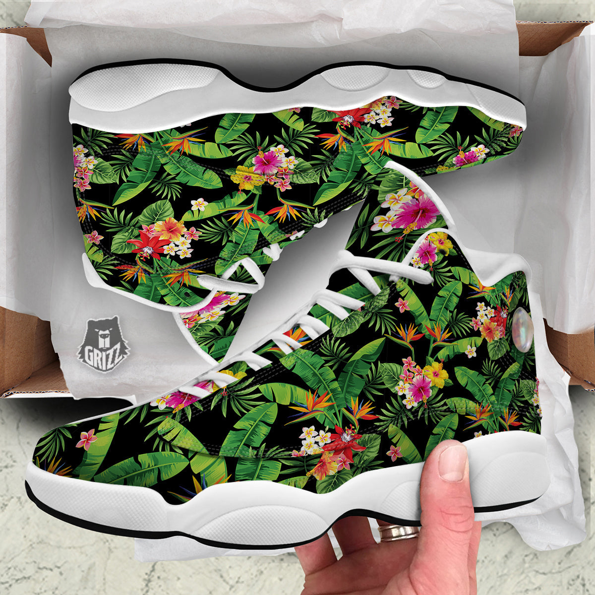 Hawaiian Flower And Tropical Leaf Print Pattern White Basketball Shoes-grizzshop