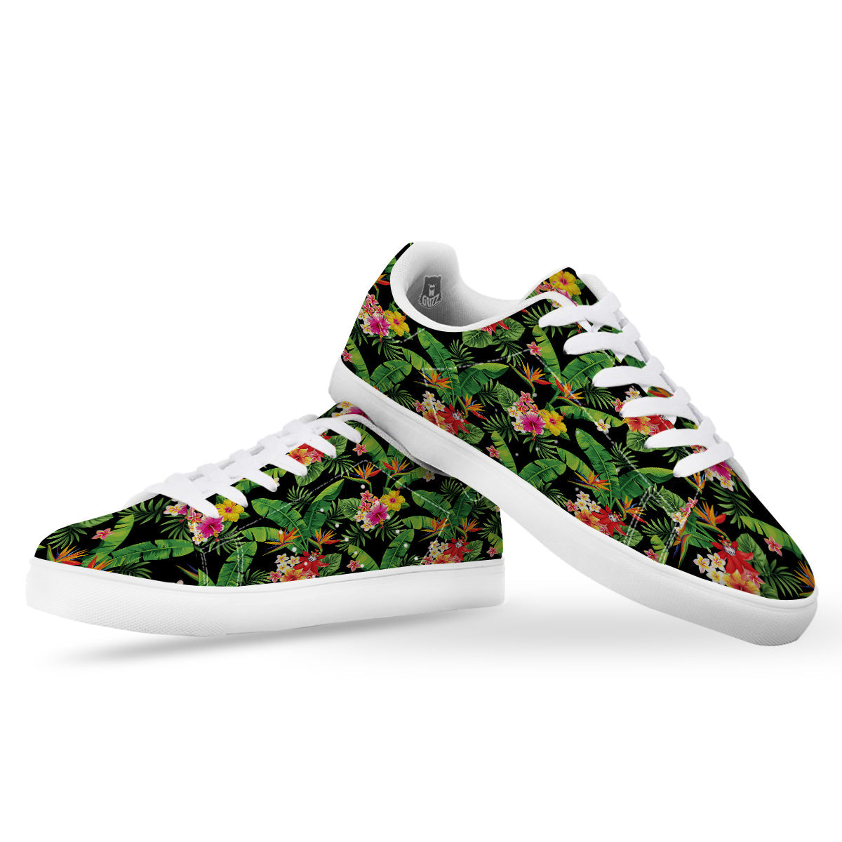 Hawaiian Flower And Tropical Leaf Print Pattern White Low Top Sneakers-grizzshop