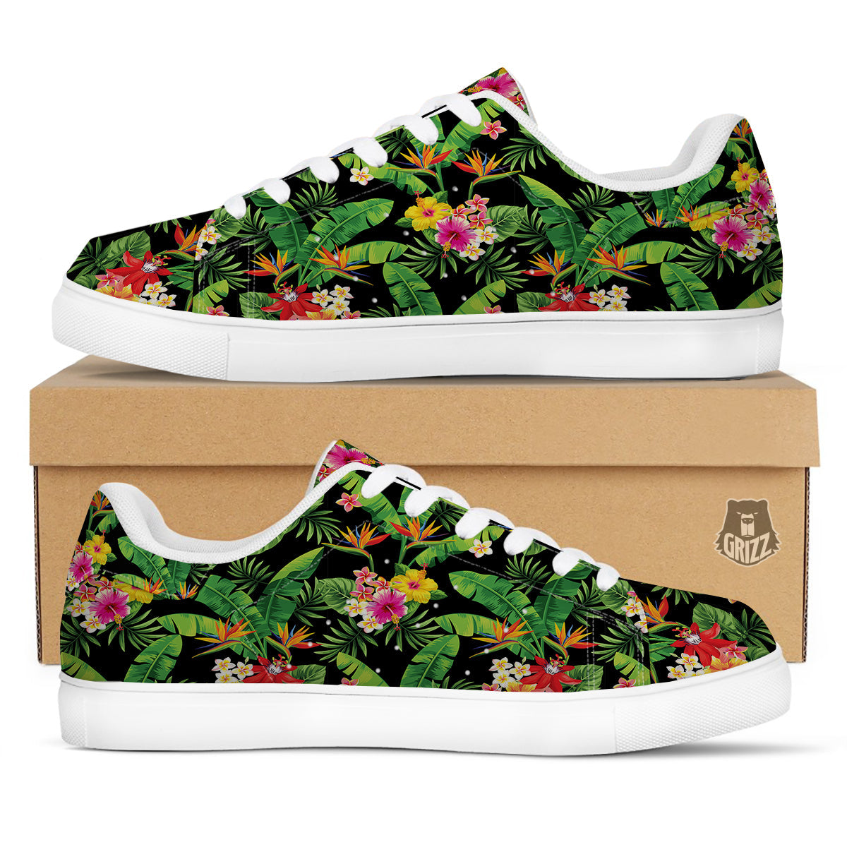 Hawaiian Flower And Tropical Leaf Print Pattern White Low Top Sneakers-grizzshop