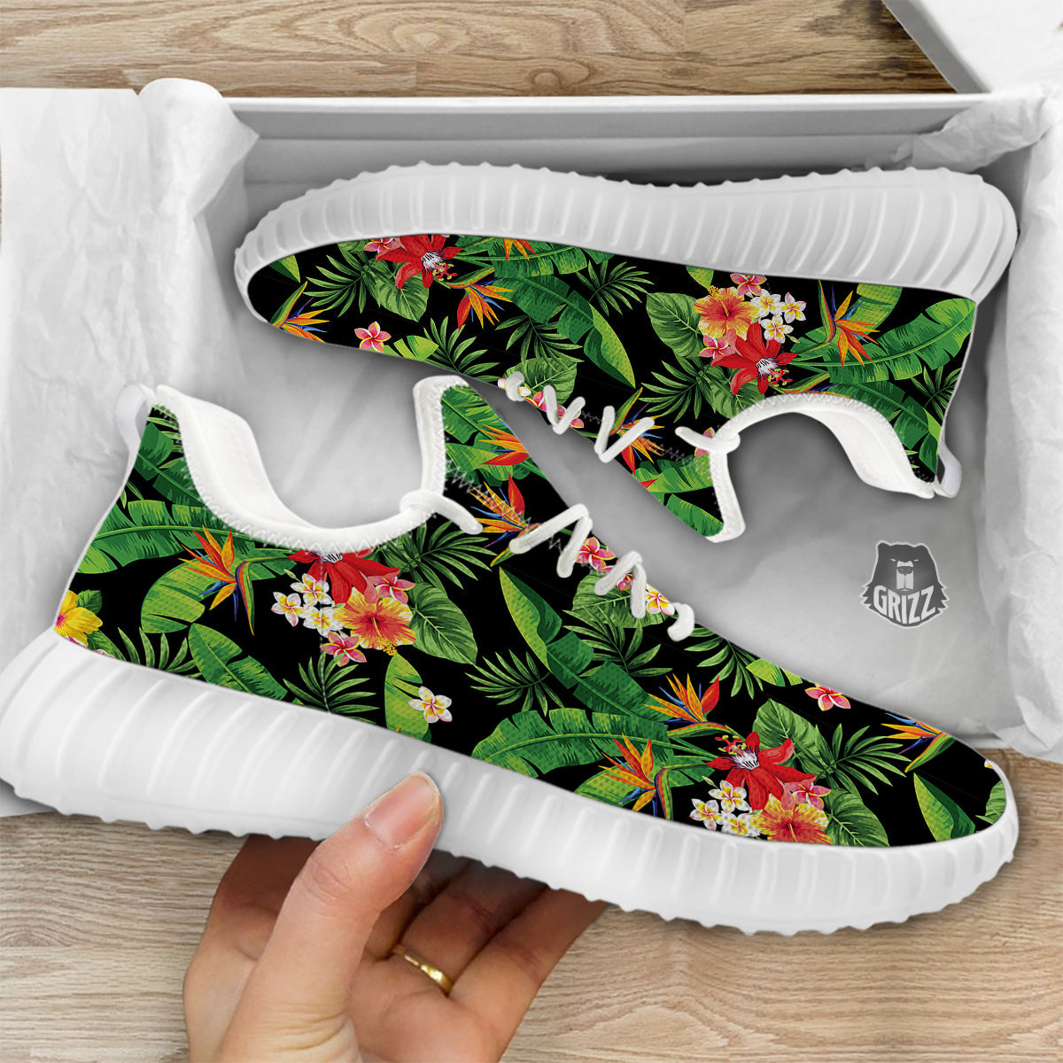Hawaiian Flower And Tropical Leaf Print Pattern White Walking Shoes-grizzshop