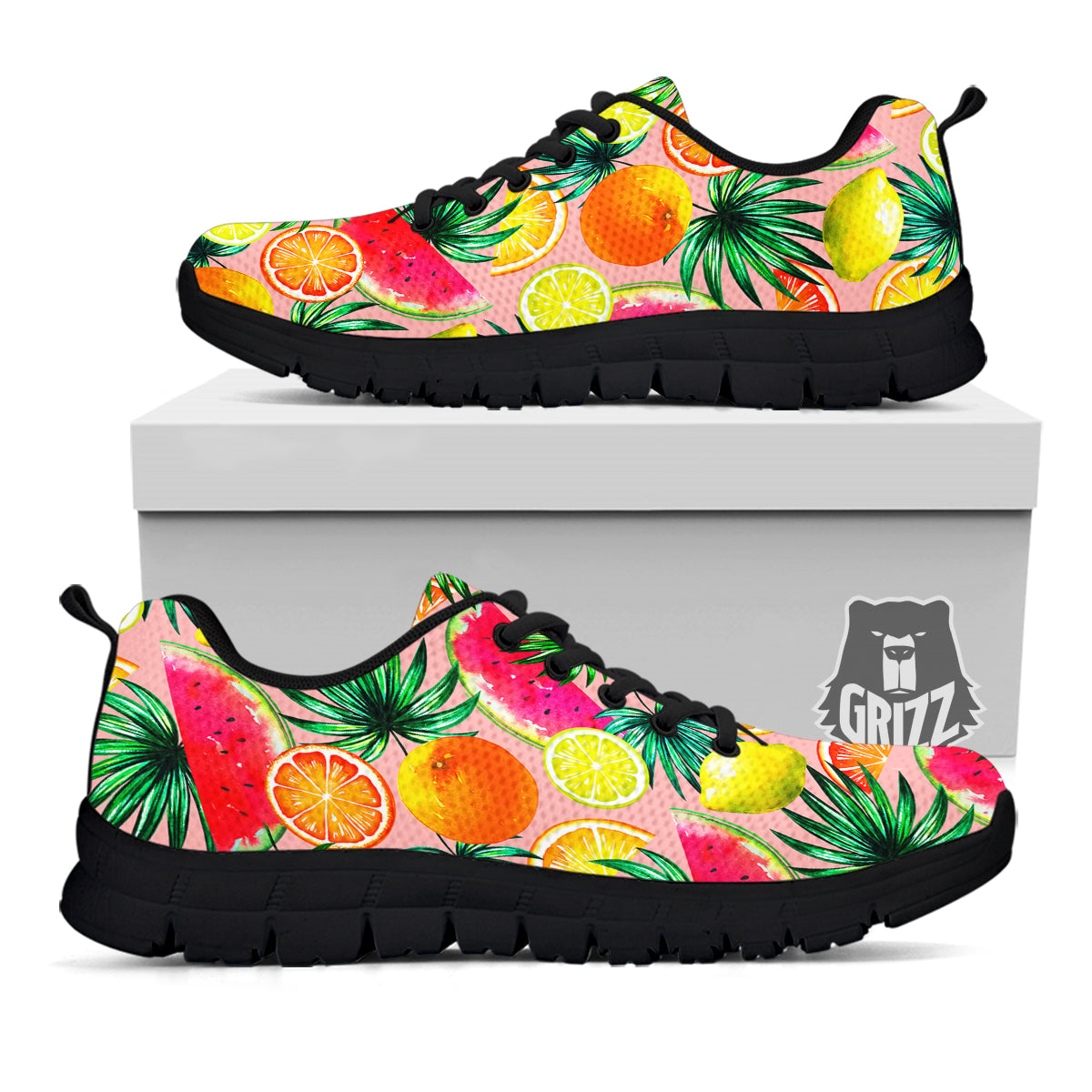 Hawaiian Fruits And Palm Tropical Print Pattern Black Sneaker-grizzshop