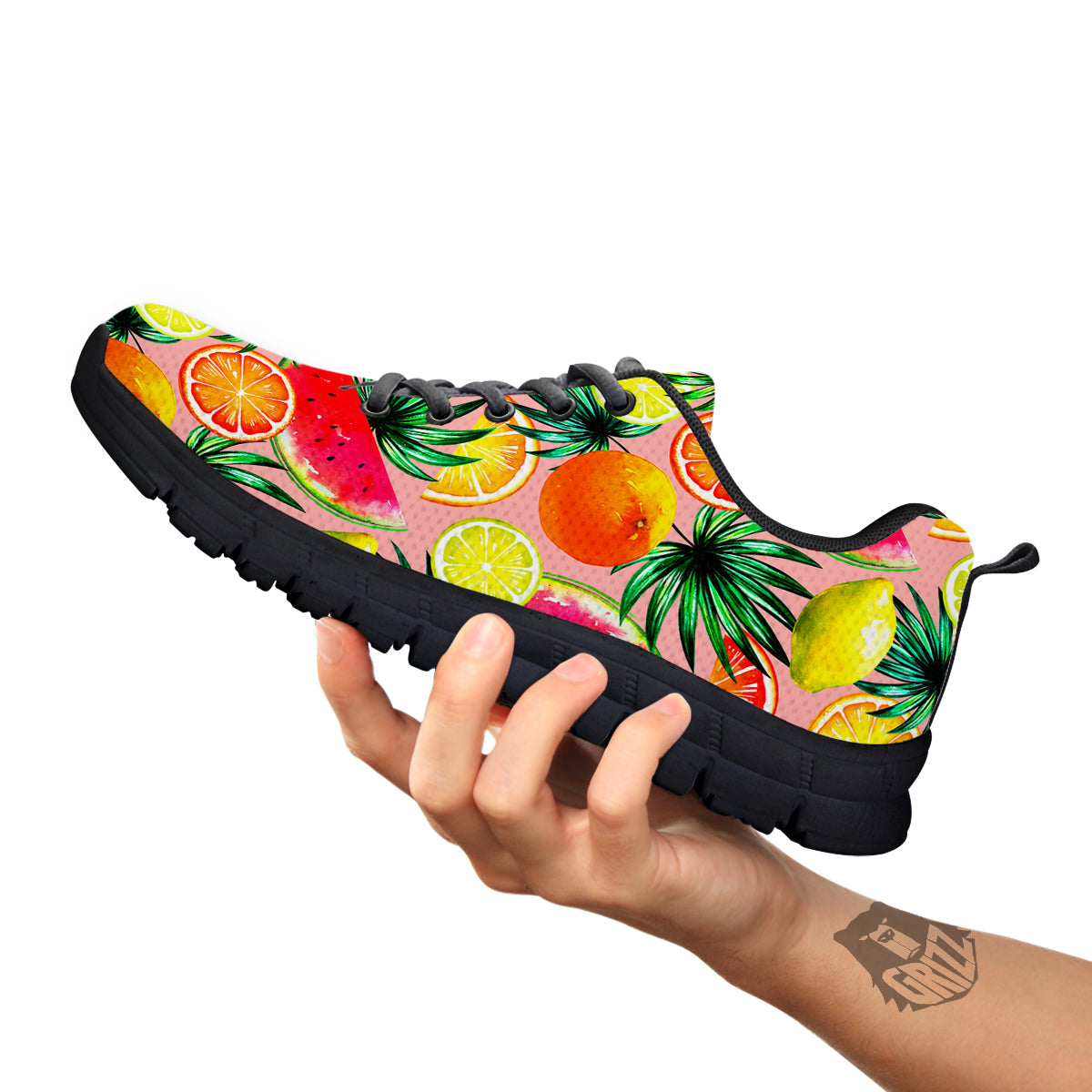 Hawaiian Fruits And Palm Tropical Print Pattern Black Sneaker-grizzshop