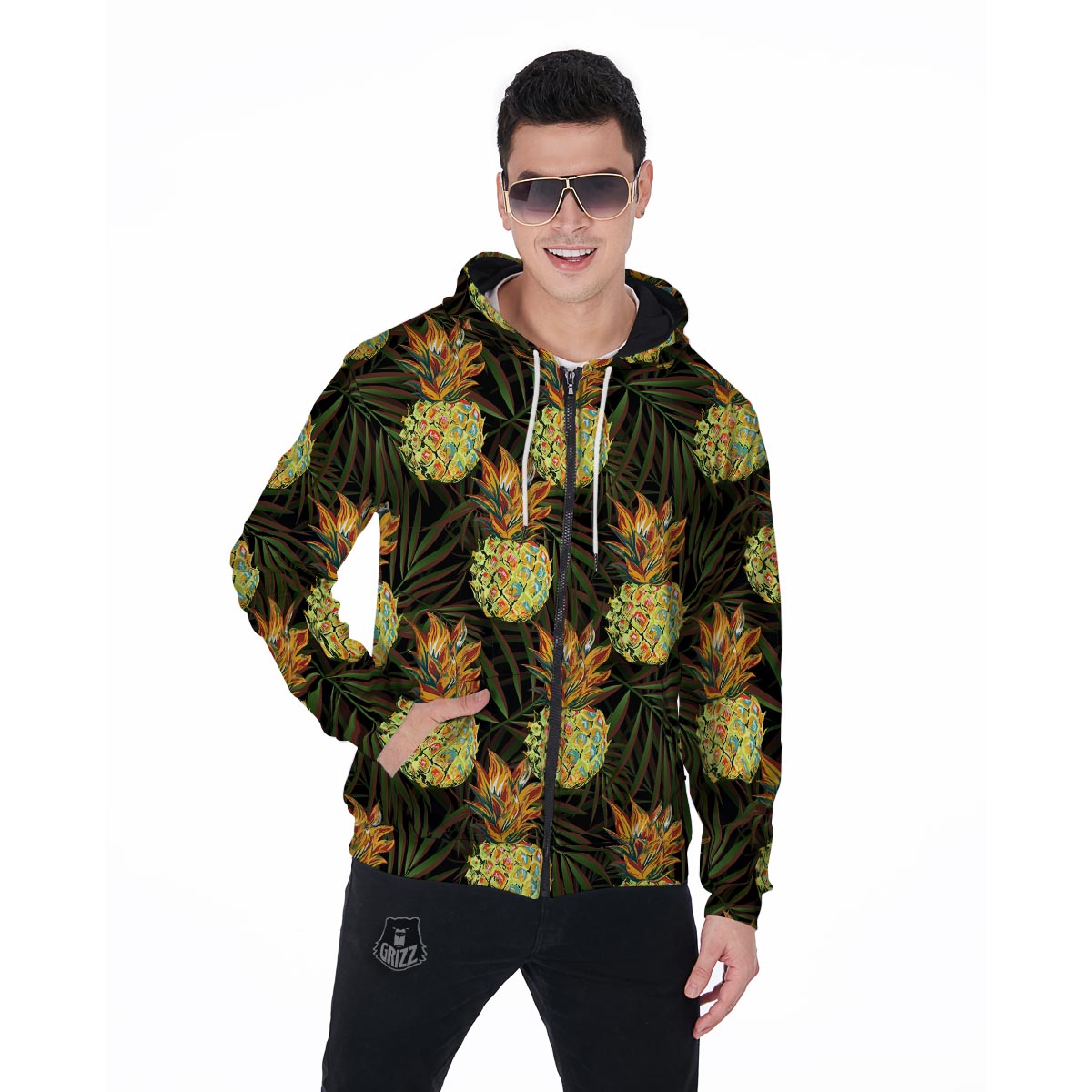 Hawaiian Golden Pineapple Edm Print Men's Zip Up Hoodie-grizzshop