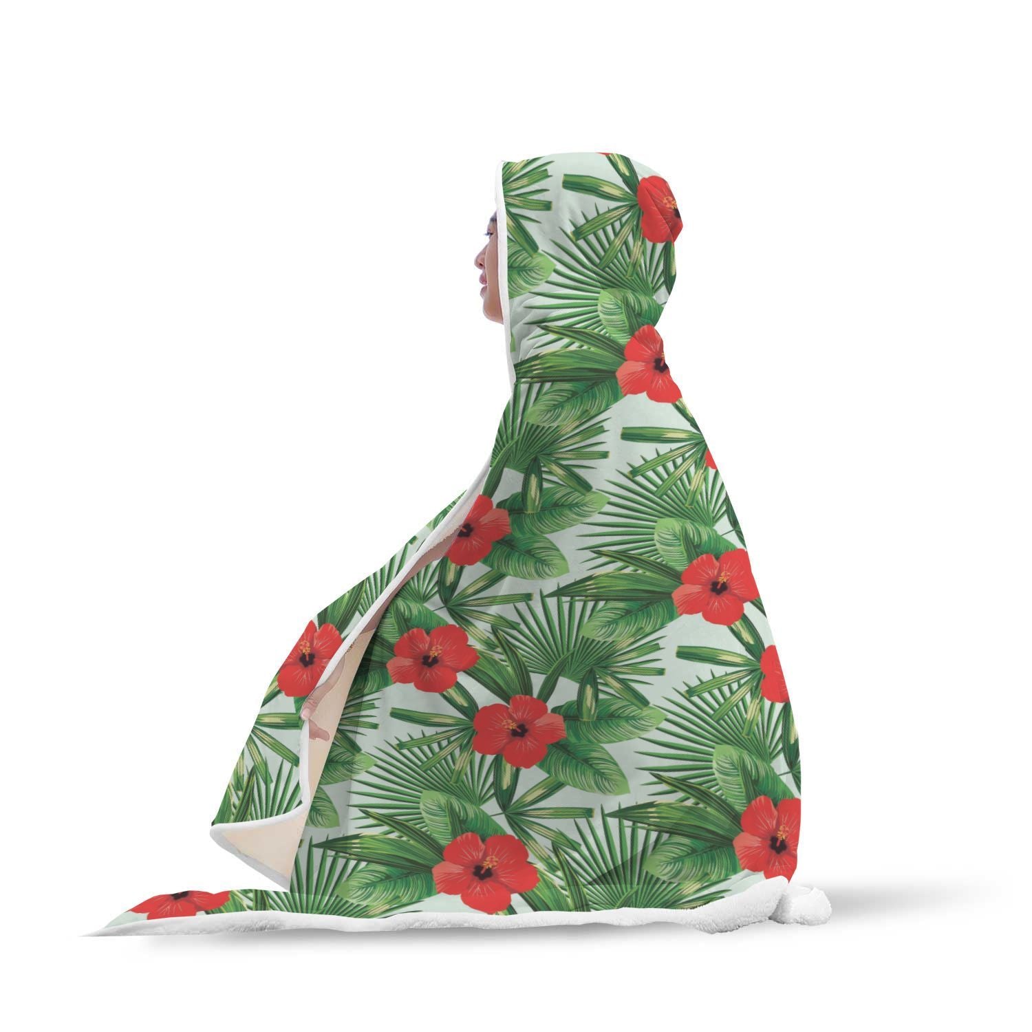 Hawaiian Hibiscus Floral Tropical Flower Palm Leaves Pattern Print Hooded Blanket-grizzshop