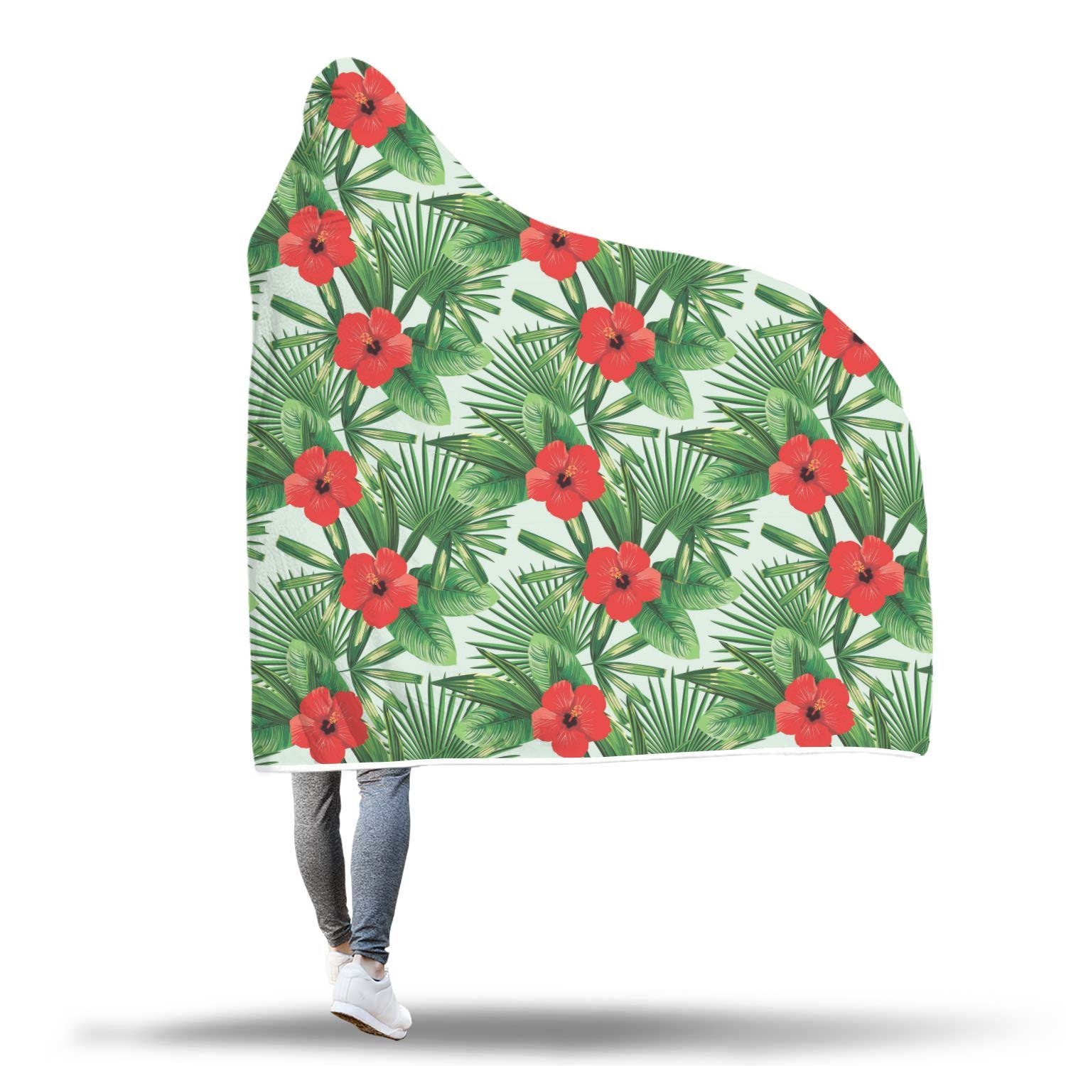 Hawaiian Hibiscus Floral Tropical Flower Palm Leaves Pattern Print Hooded Blanket-grizzshop