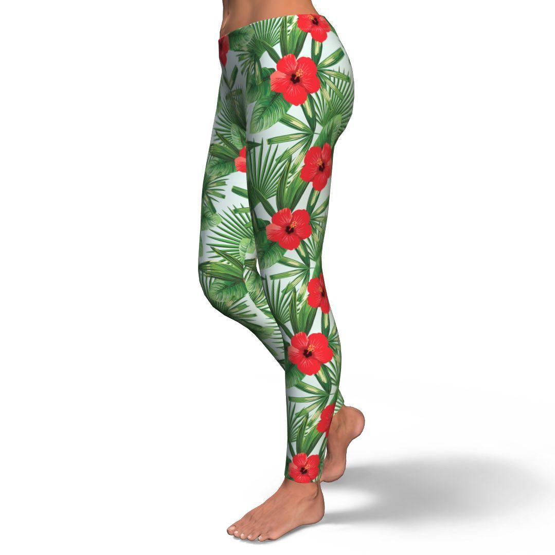 Hawaiian Hibiscus Floral Tropical Flower Palm Leaves Pattern Print Pattern Women Leggings-grizzshop