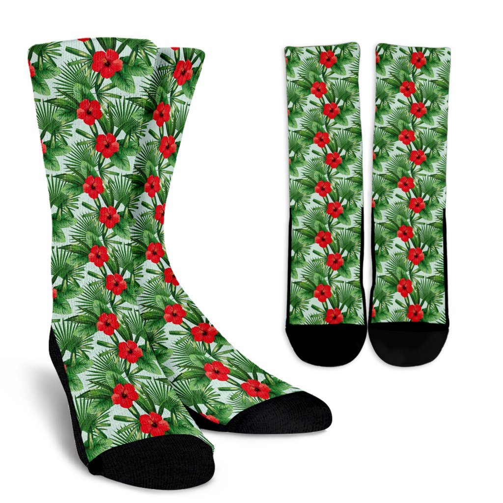 Hawaiian Hibiscus Floral Tropical Flower Palm Leaves Pattern Print Unisex Crew Socks-grizzshop