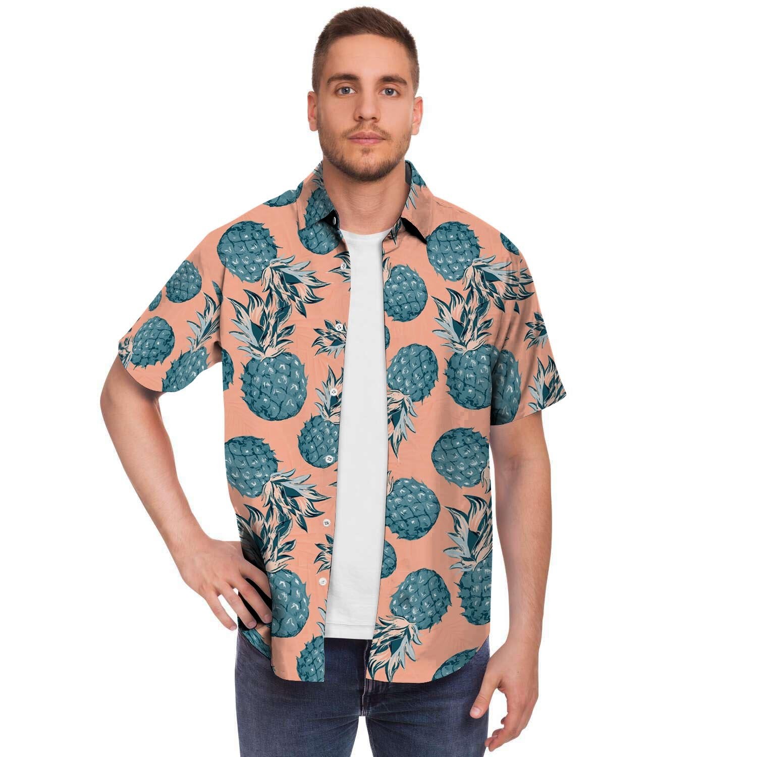 Hawaiian Neon Pineapple Print Men's Short Sleeve Shirt-grizzshop