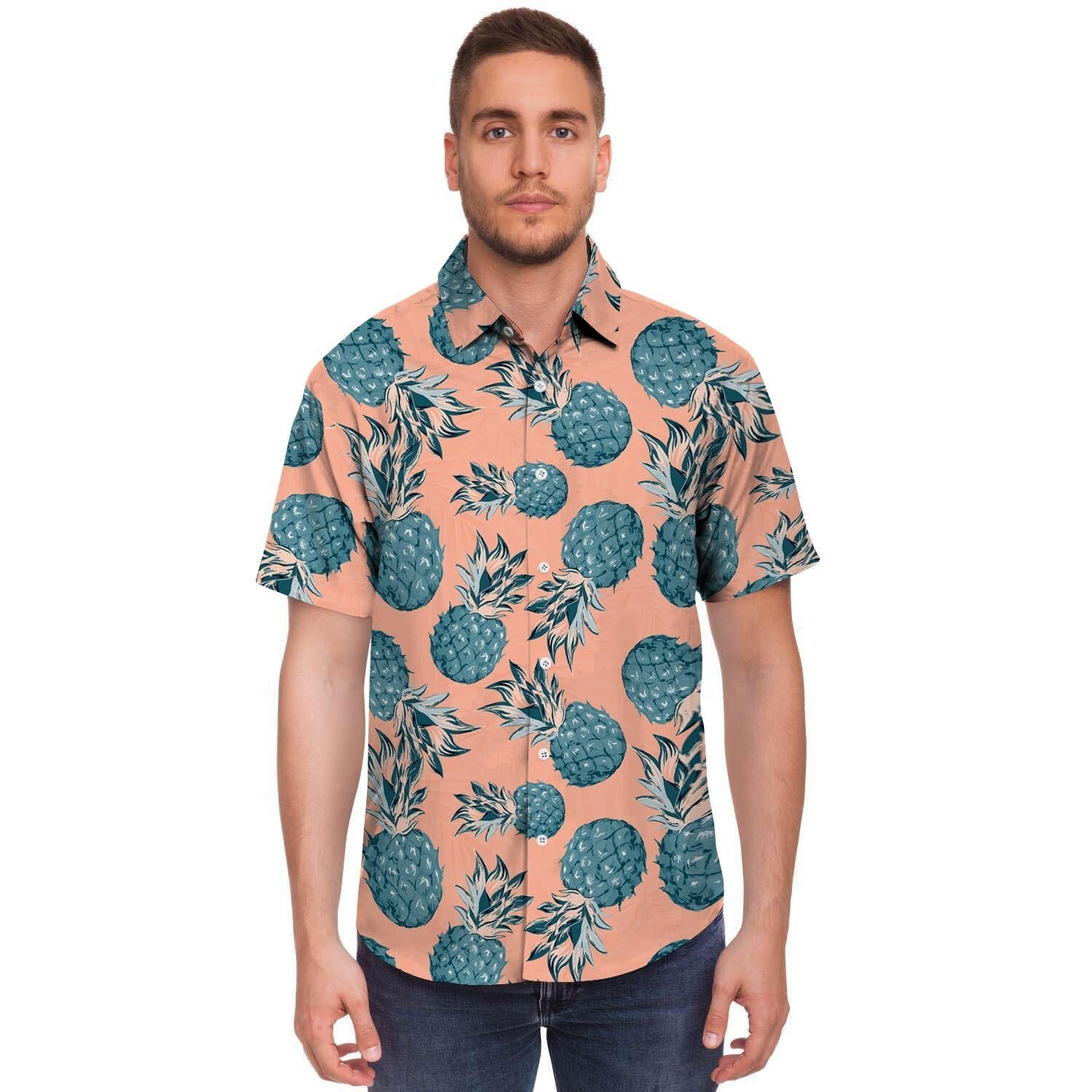 Hawaiian Neon Pineapple Print Men's Short Sleeve Shirt-grizzshop