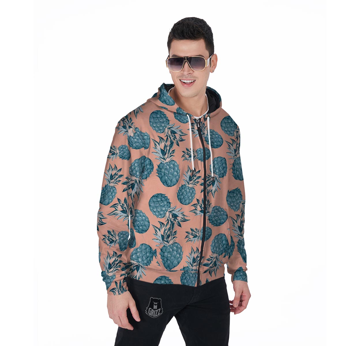 Hawaiian Neon Pineapple Print Men's Zip Up Hoodie-grizzshop