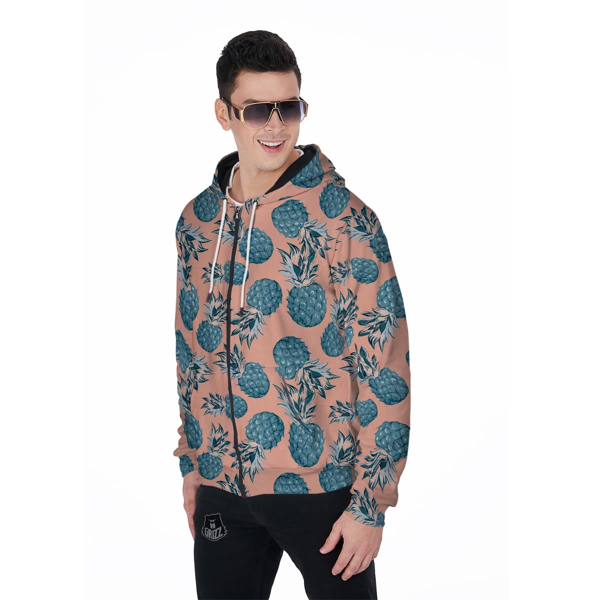 Hawaiian Neon Pineapple Print Men's Zip Up Hoodie-grizzshop