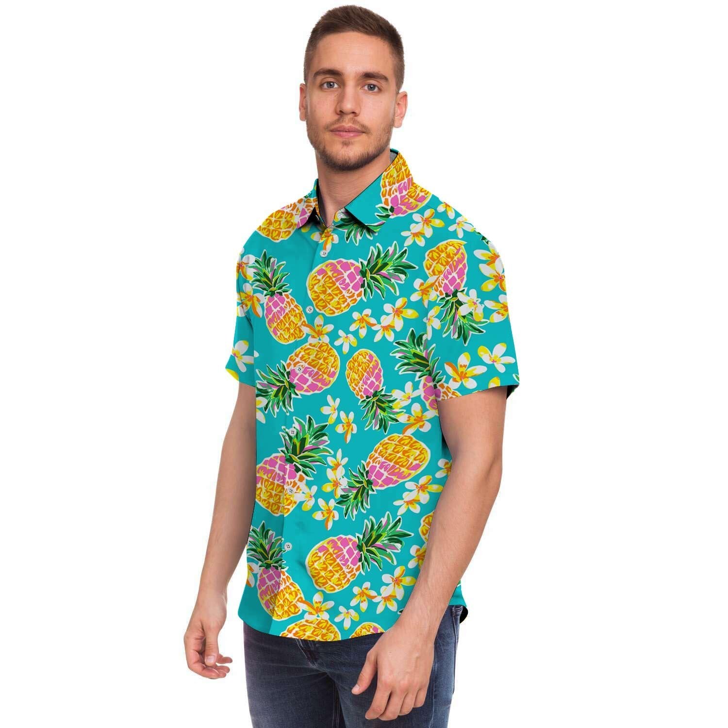 Hawaiian Pineapple Print Men's Short Sleeve Shirt-grizzshop