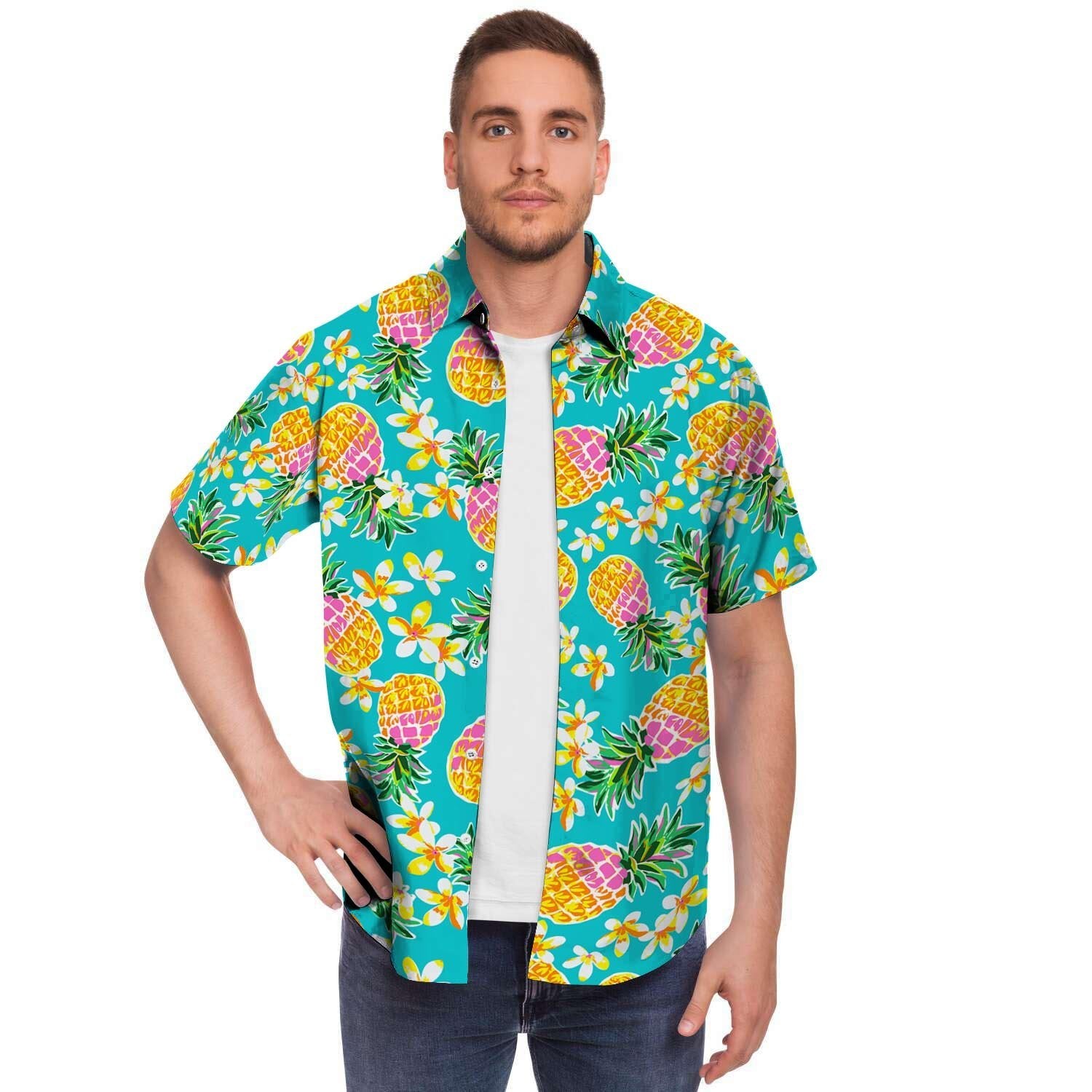 Hawaiian Pineapple Print Men's Short Sleeve Shirt-grizzshop