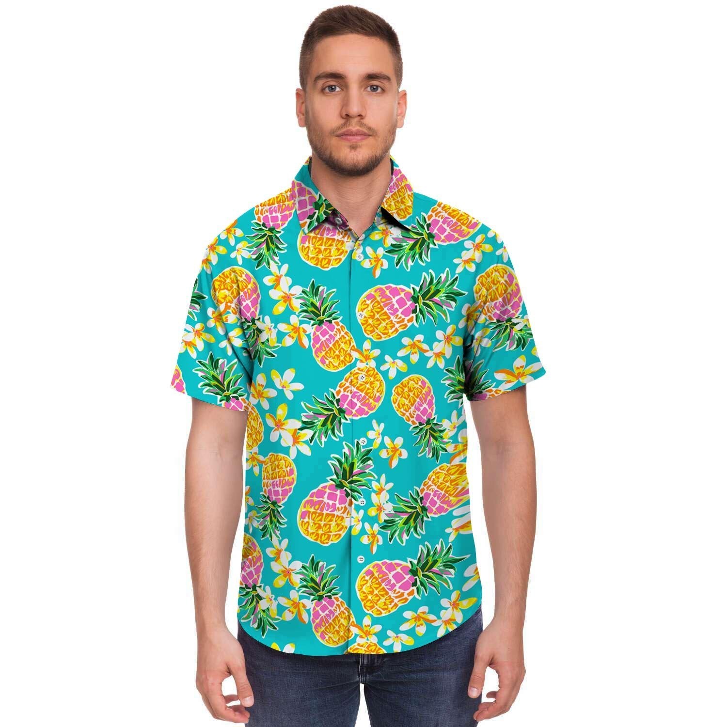 Hawaiian Pineapple Print Men's Short Sleeve Shirt-grizzshop