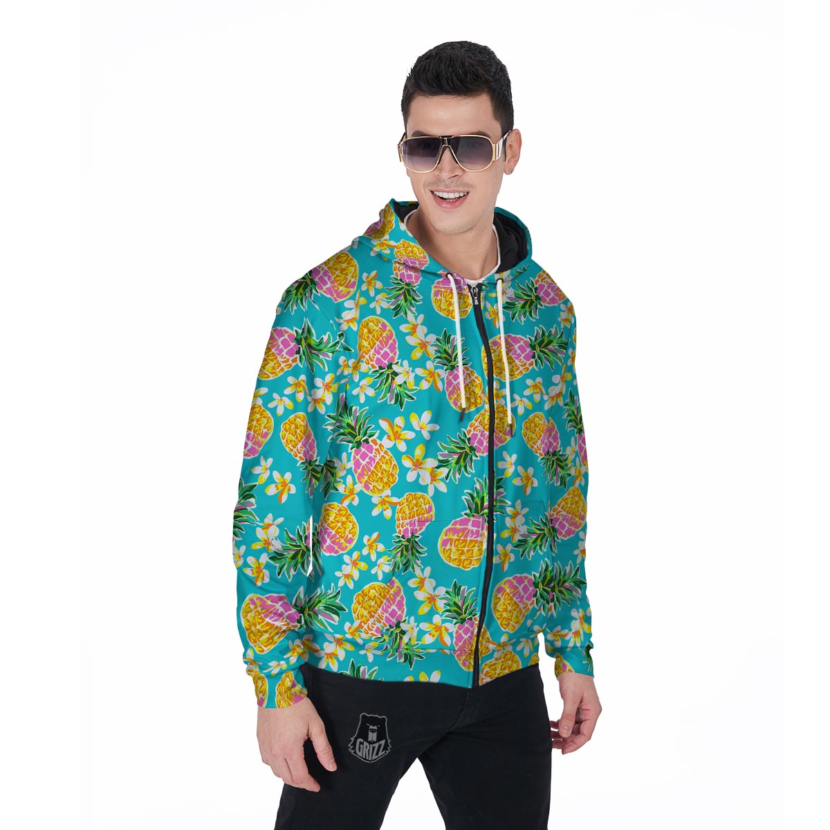 Hawaiian Pineapple Print Men's Zip Up Hoodie-grizzshop