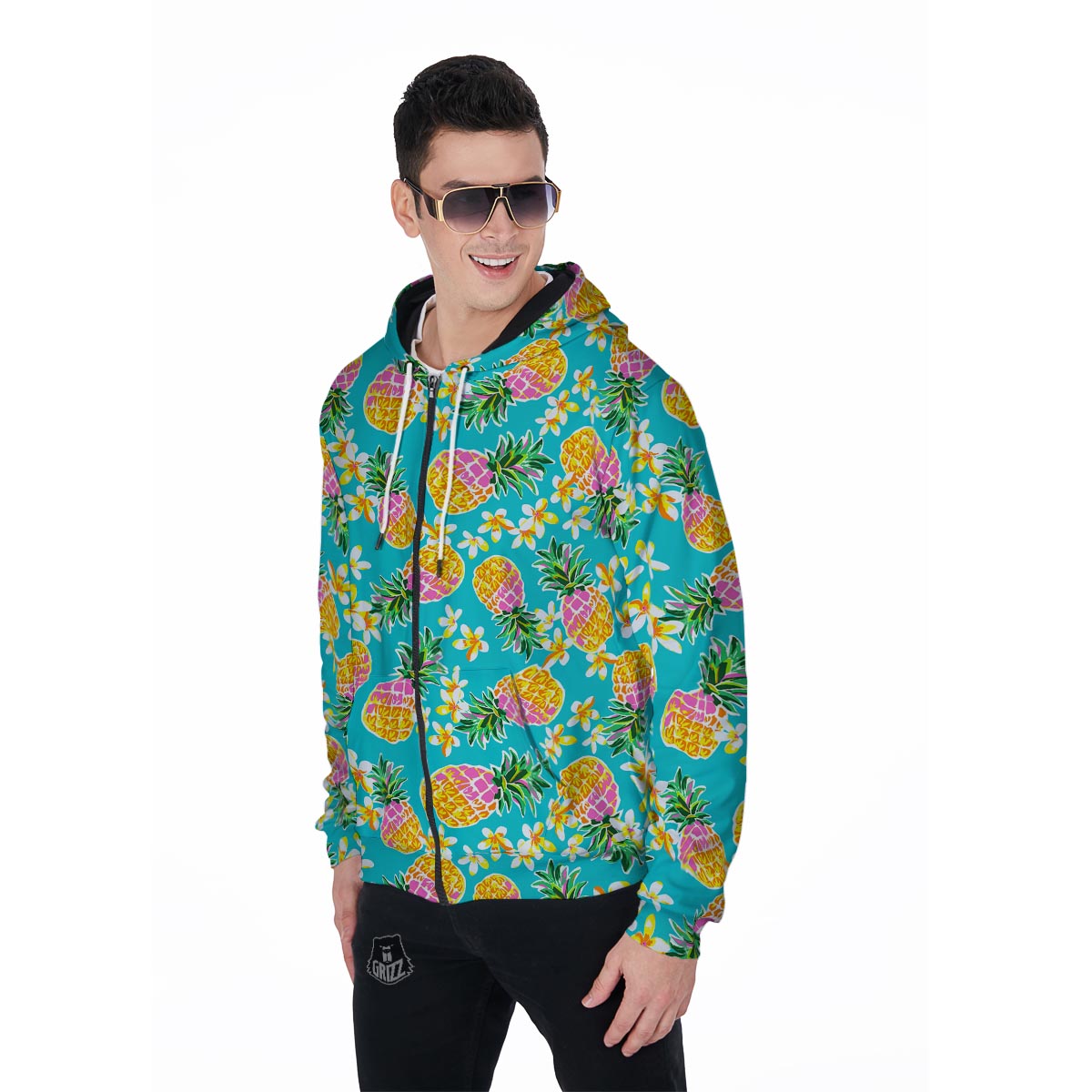 Hawaiian Pineapple Print Men's Zip Up Hoodie-grizzshop