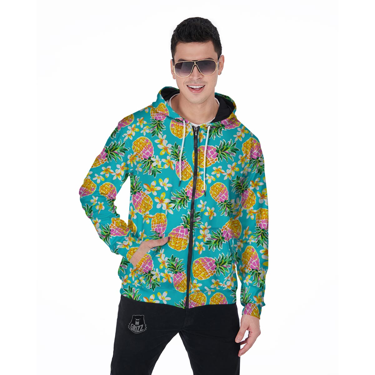 Hawaiian Pineapple Print Men's Zip Up Hoodie-grizzshop