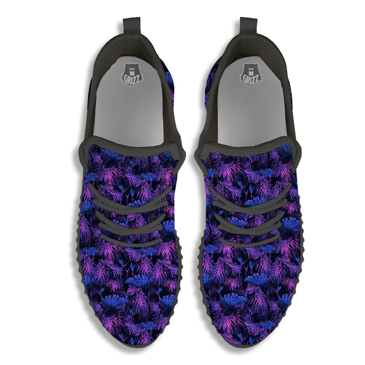 Hawaiian Tropical Dark Purple Print Pattern Black Walking Shoes-grizzshop