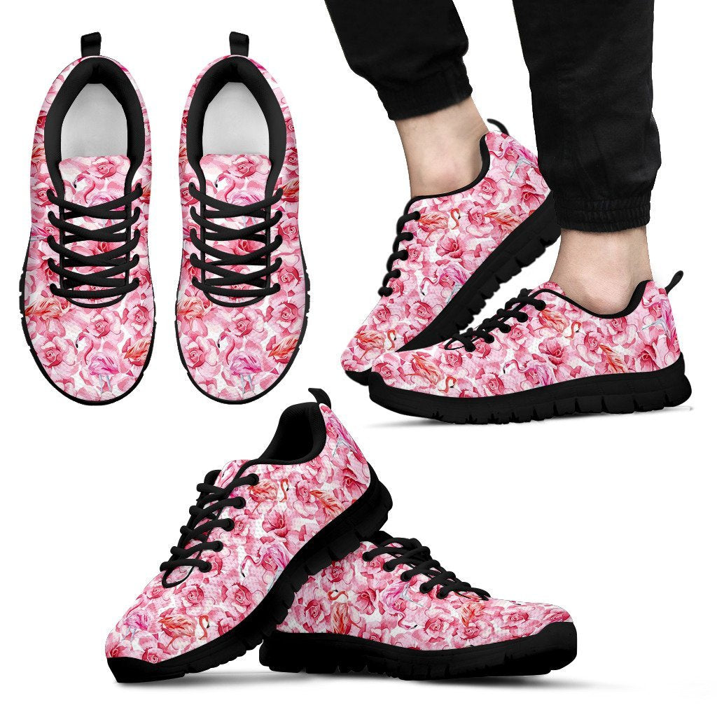 Hawaiian Tropical Flamingo Floral Pattern Print Black Sneaker Shoes For Men Women-grizzshop