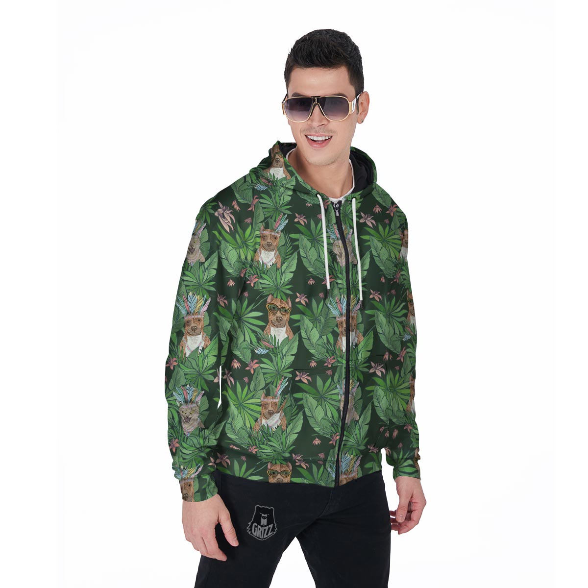 Hawaiian Tropical Pitbull Men's Zip Up Hoodie-grizzshop