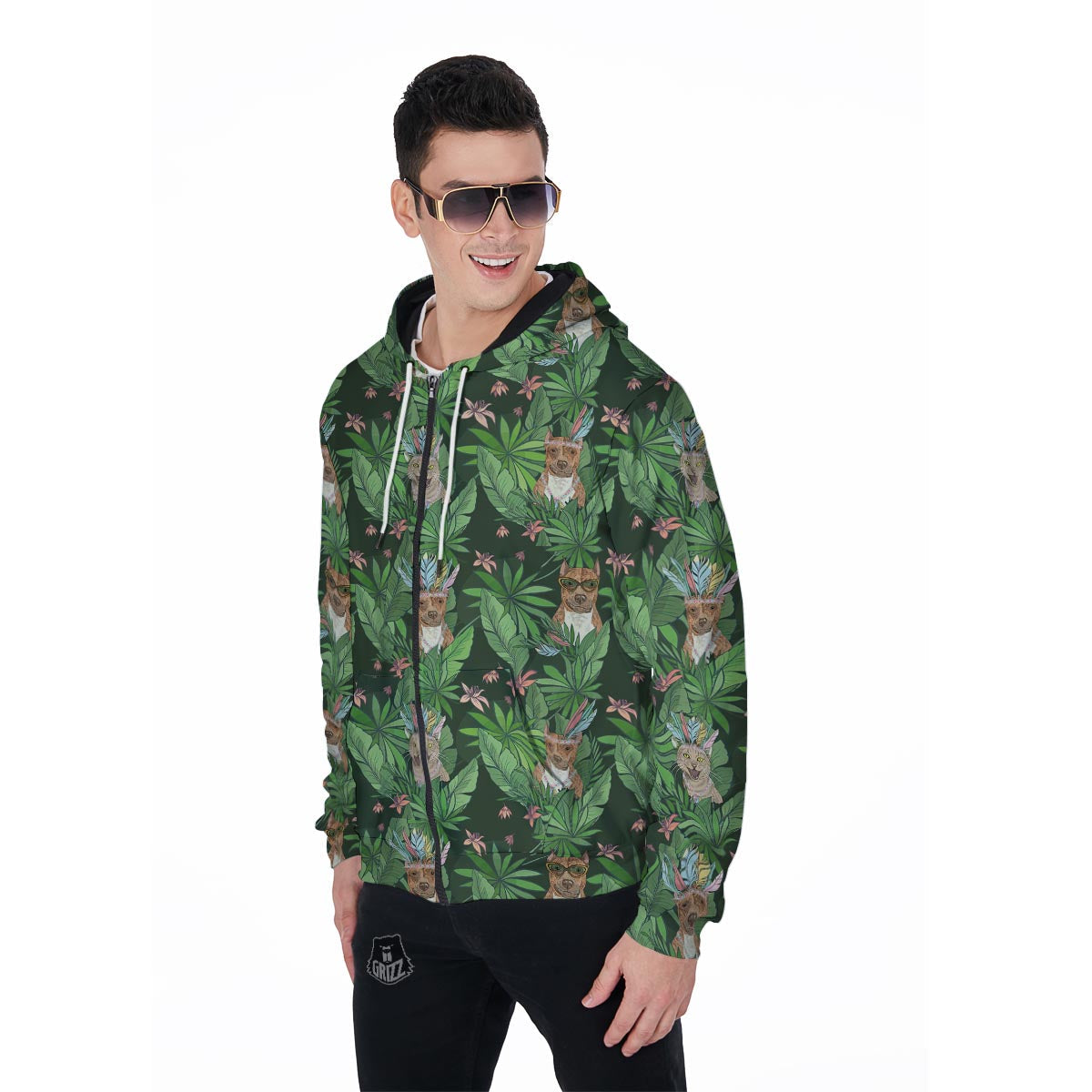 Hawaiian Tropical Pitbull Men's Zip Up Hoodie-grizzshop