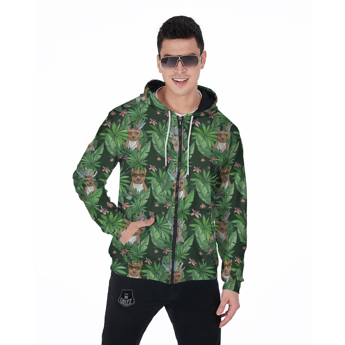 Hawaiian Tropical Pitbull Men's Zip Up Hoodie-grizzshop