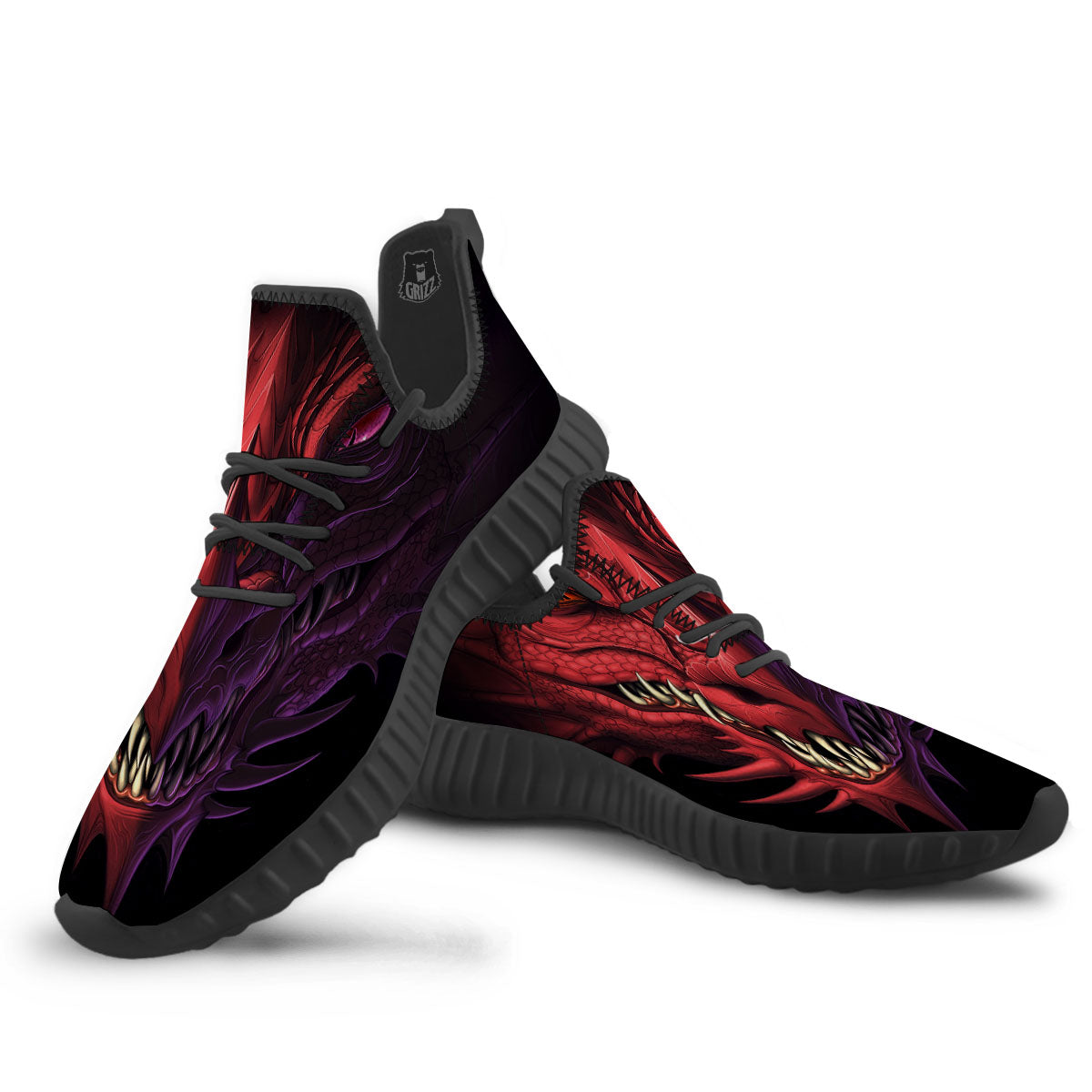 Head Red Dragon Print Black Walking Shoes-grizzshop