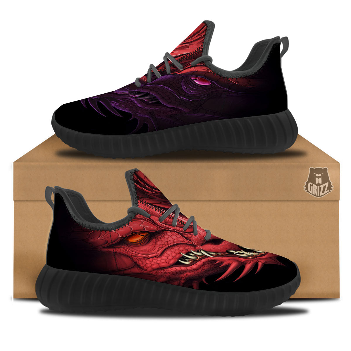Head Red Dragon Print Black Walking Shoes-grizzshop