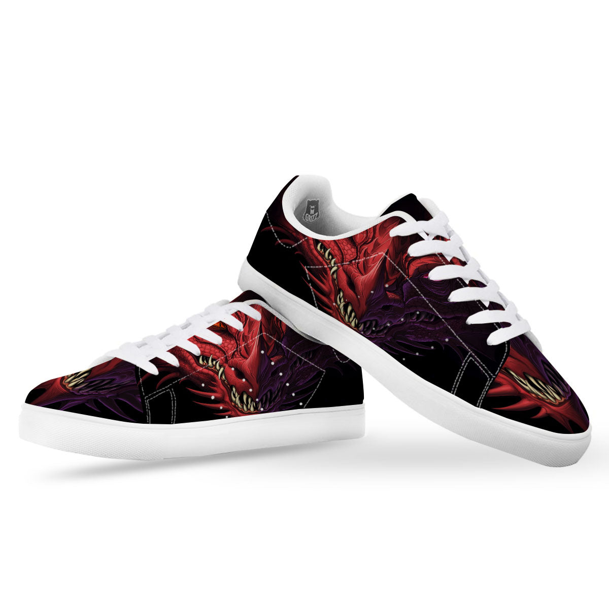 Head Red Dragon Print White Low Top Sneakers-grizzshop
