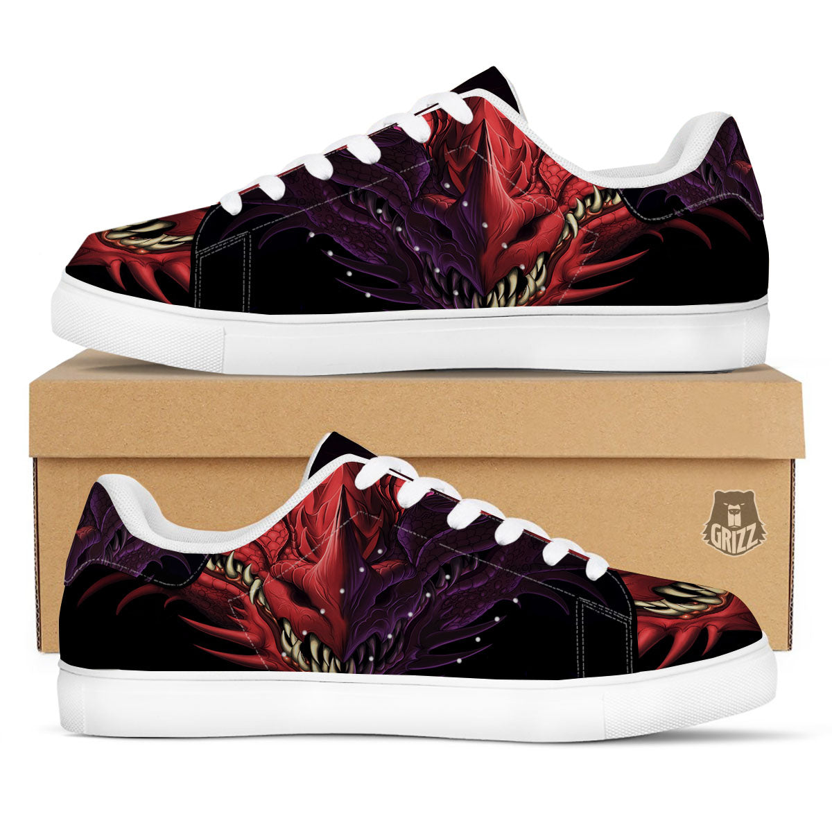 Head Red Dragon Print White Low Top Sneakers-grizzshop