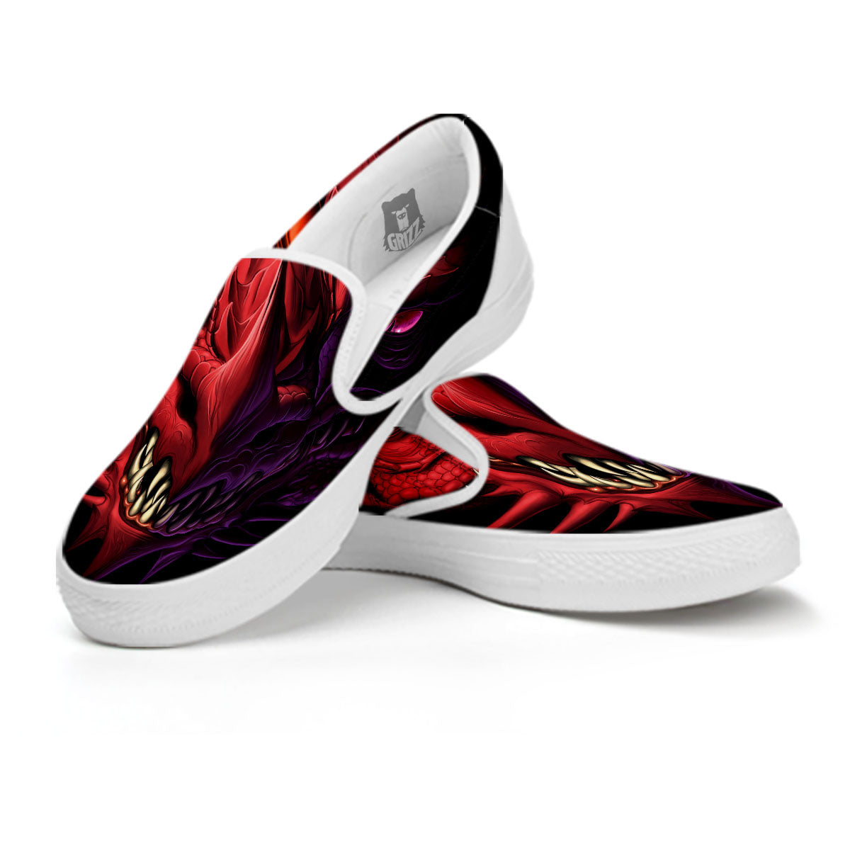 Head Red Dragon Print White Slip On Shoes-grizzshop