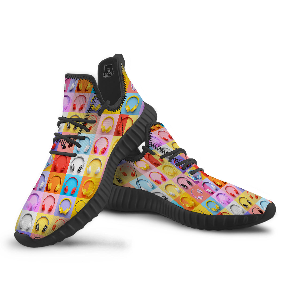 Headphones Pastel Print Pattern Black Walking Shoes-grizzshop