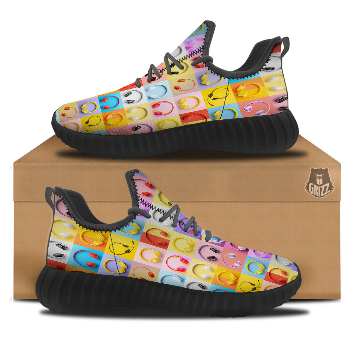 Headphones Pastel Print Pattern Black Walking Shoes-grizzshop